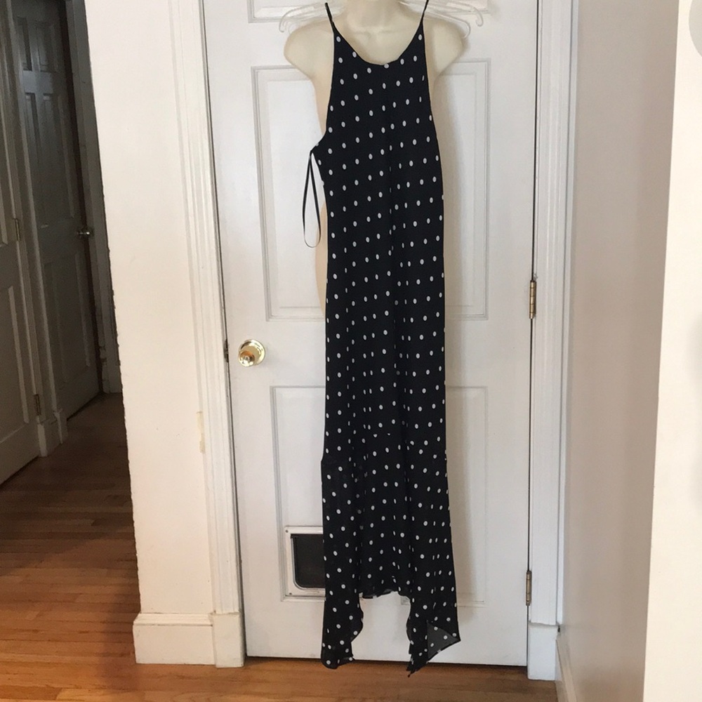 CHELSEA NITES size 14 black polka dot maxi dress bias cut asymmetrical hem